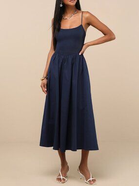 Lulus Tandria Navy Smocked Sleeveless Midi Dress Blue - Size XS